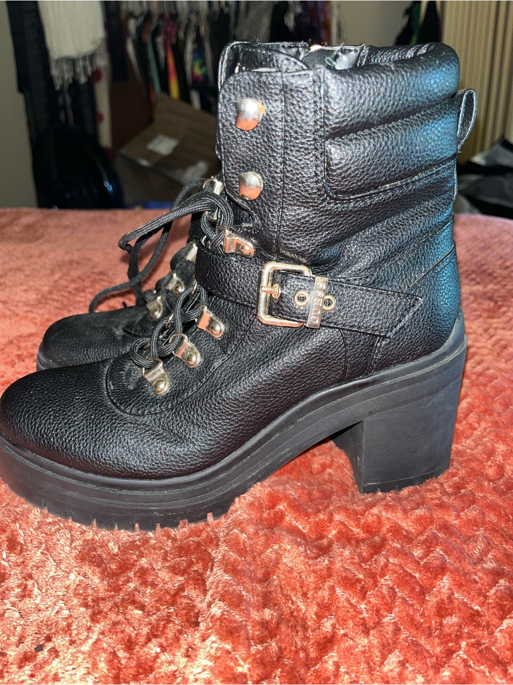 GUESS Black Leather Lace-Up Platform Combat Boots with Gold Hardware. Size 7.5